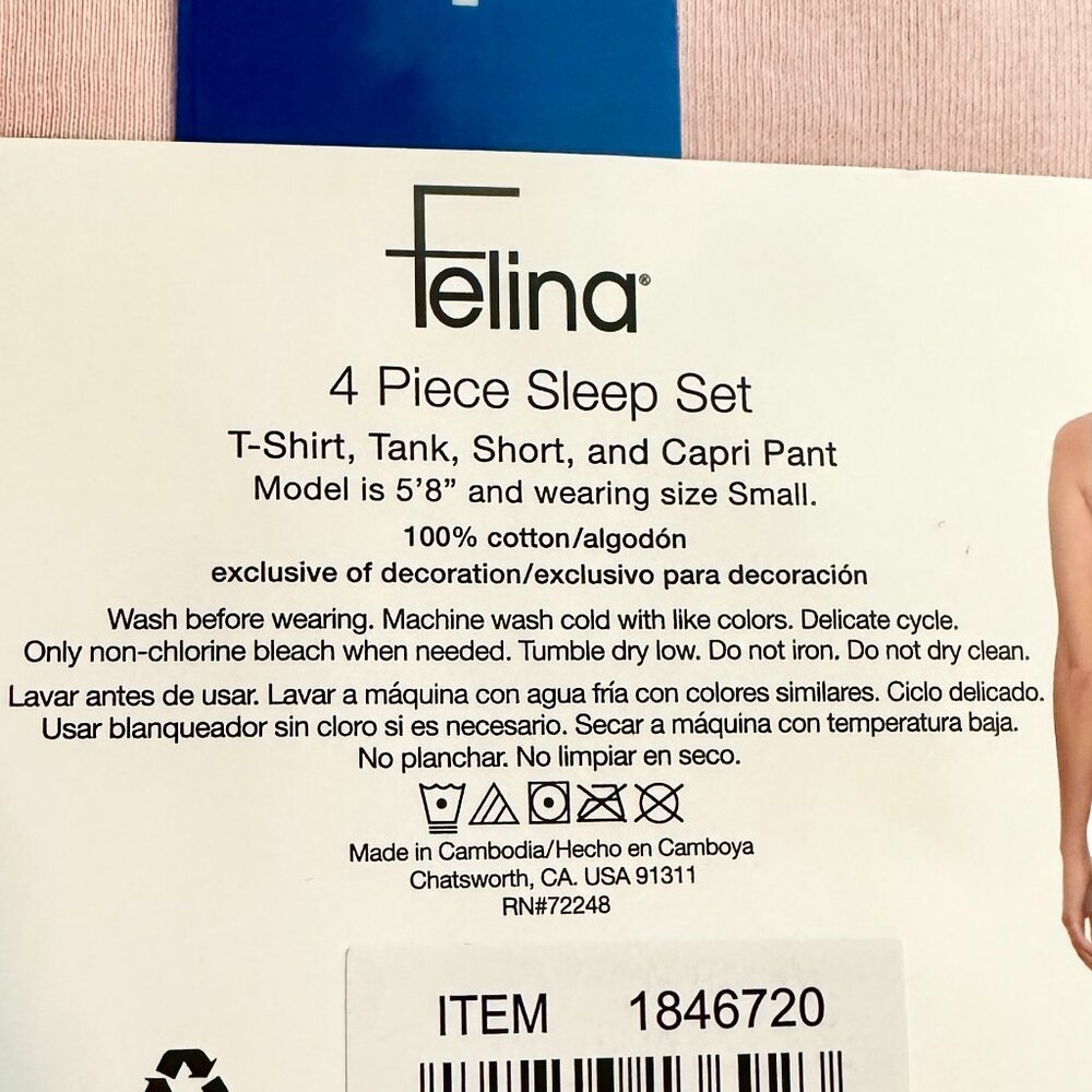 Felina Women's 4 Piece 100% Cotton Sleep Pajama Set L Tee Tank Short Capri Pant - Picture 8 of 10